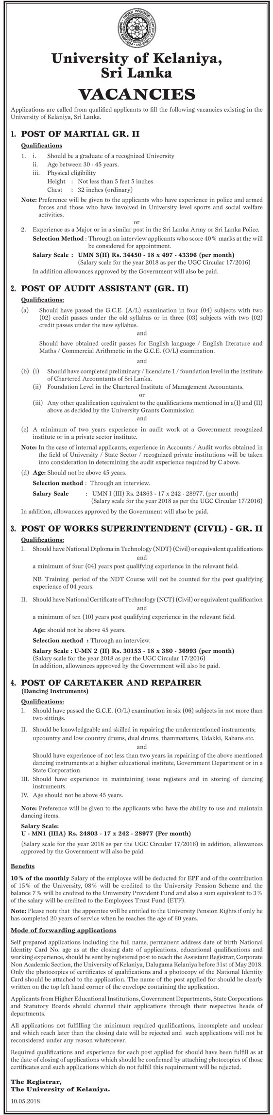 Marshal, Audit Assistant, Works Superintendent (Civil), Caretaker & Repairer - University of Kelainiya